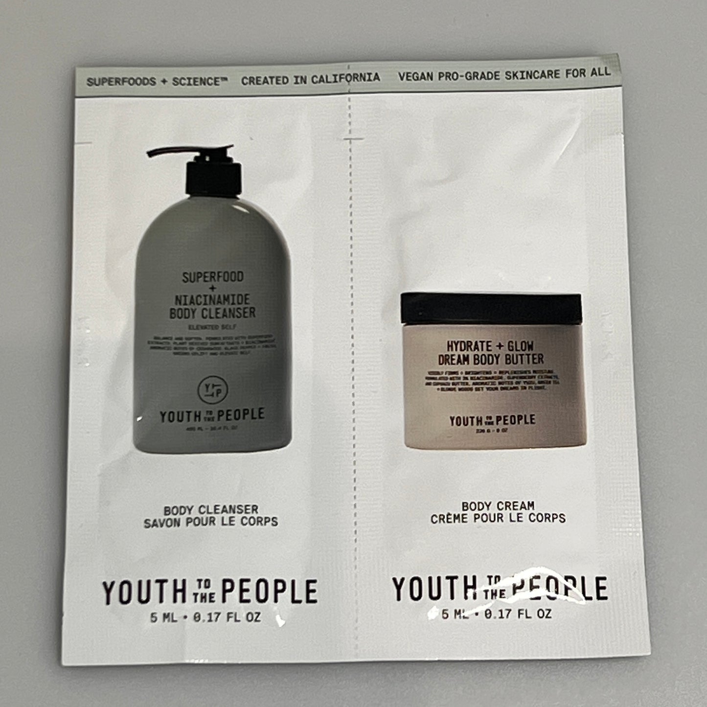 Youth to the People body cleanser & cream sachet
