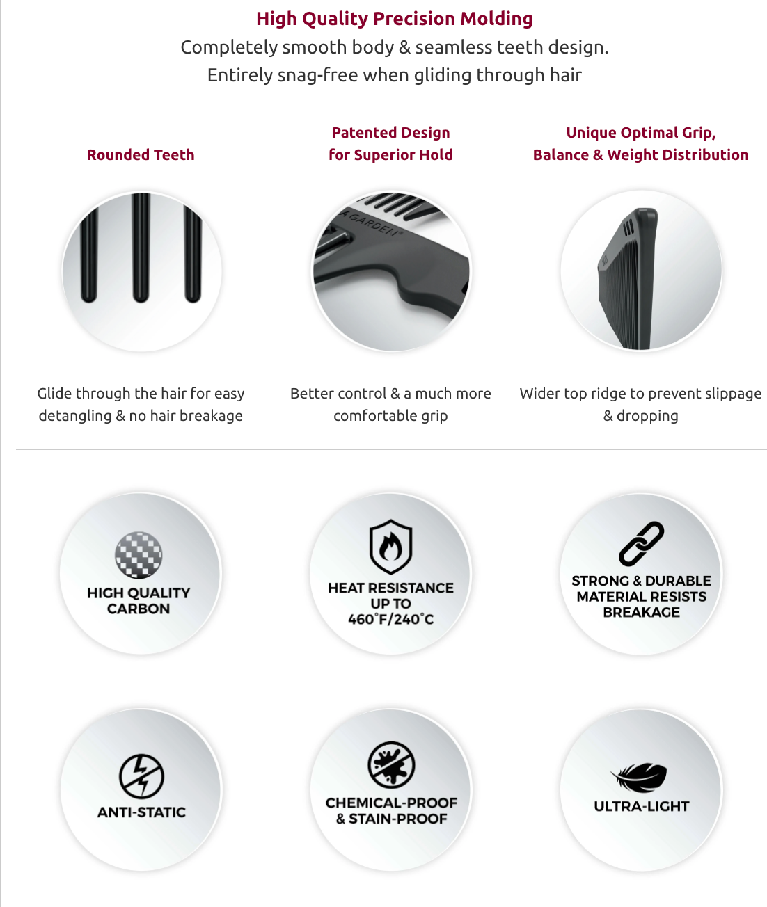 Olivia Garden CarbonLite combs, Metal Tail Teasing (CL-4) snag-free,ultra-light, high heat resist.