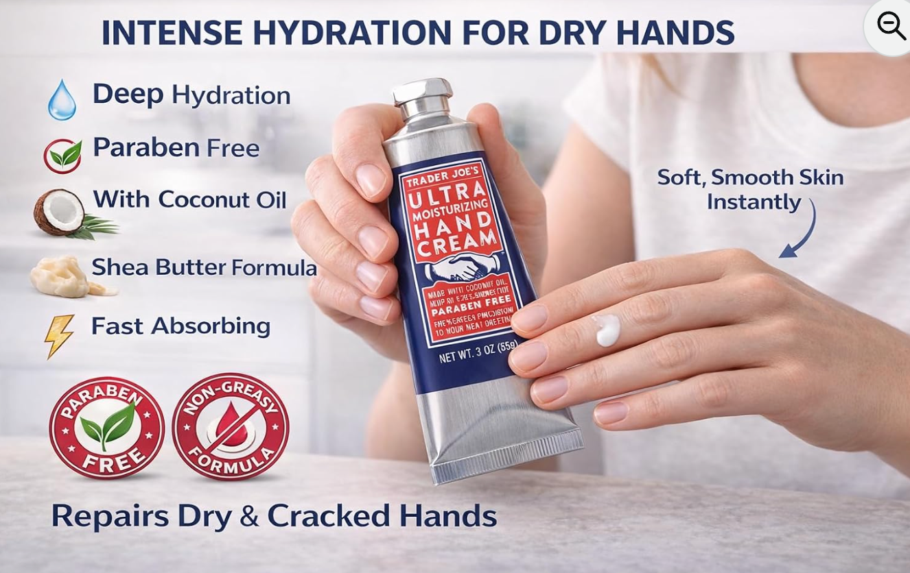Trader Joe's Ultra Moisturizing Hand Cream with Coconut Oil, Hemp Seed Oil, 20% Shea Butter, Paraben Free, 3 Ounce