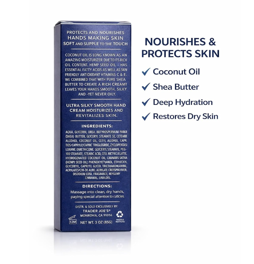 Trader Joe's Ultra Moisturizing Hand Cream with Coconut Oil, Hemp Seed Oil, 20% Shea Butter, Paraben Free, 3 Ounce