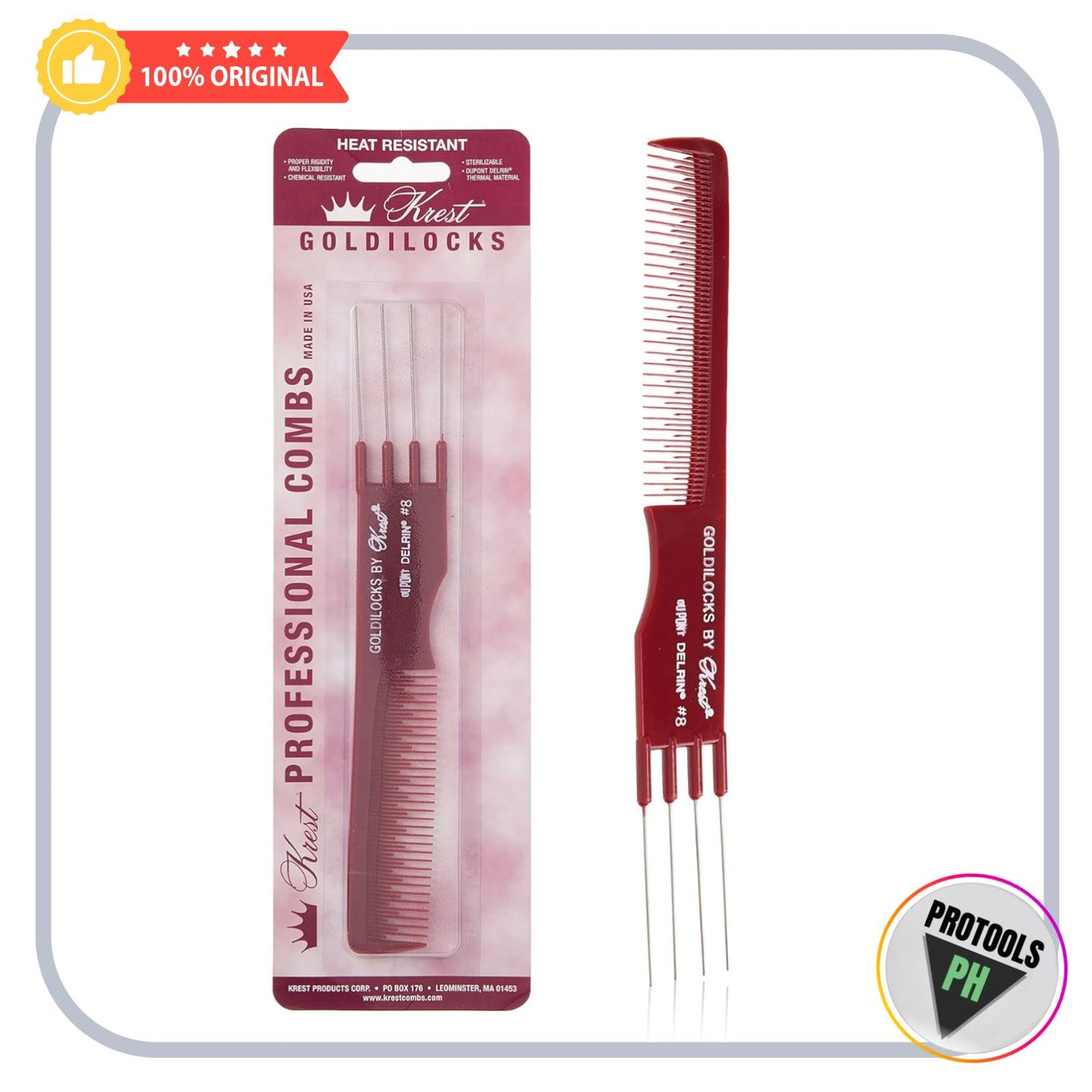Krest Goldilocks Lift Teasing Comb with Metal Prong Heat Resistan Comb. 7.75 In.