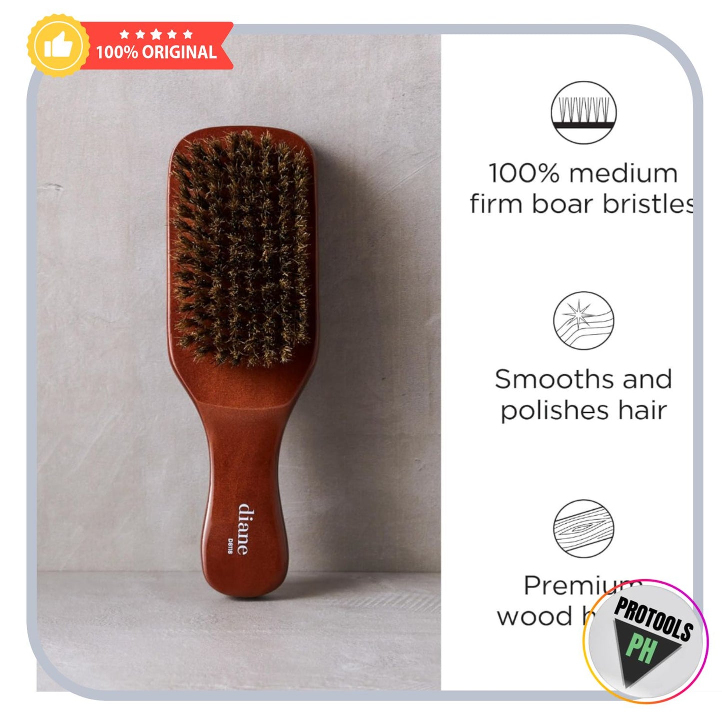 Diane Premium 100% Boar Bristle Club Wave Brush D8118