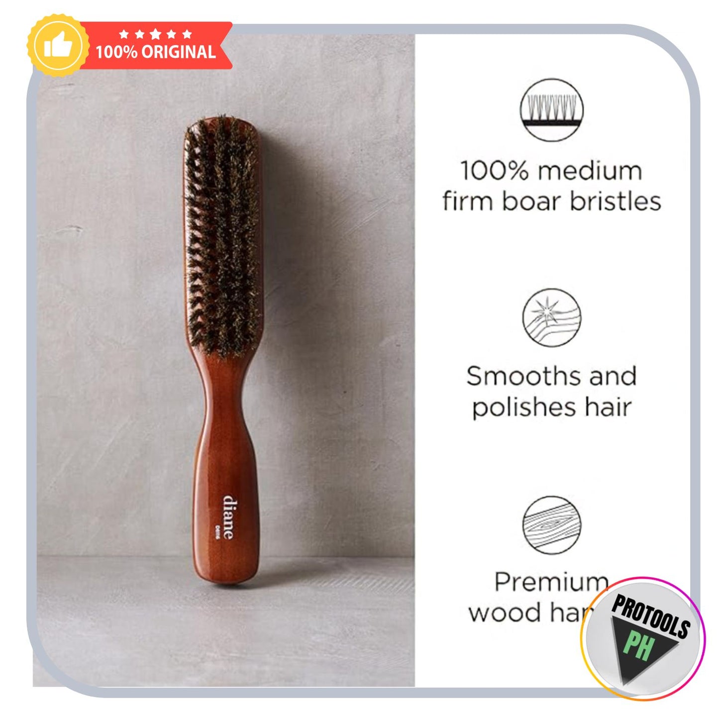 Diane Premium 100% Boar Bristle Styling Brush for Men and Barbers  D8116