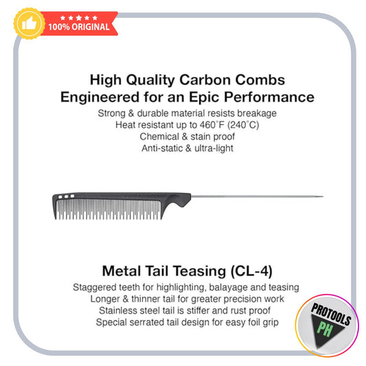 Olivia Garden CarbonLite combs, Metal Tail Teasing (CL-4) snag-free,ultra-light, high heat resist.